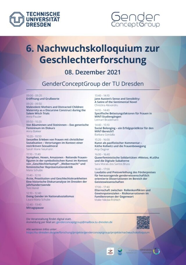 Banner mit Aufschrift '6. Nachwuchskolloquium zur Geschlechterforschung. 08.12.21. GenderConceptGroup der TUD.' Darüber die beiden Logos der TUD und der GCG.