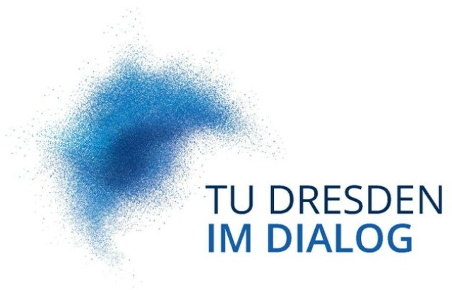 Logo TU Dresden im Dialog: links eine blaue Wolke wie ein Starenschwarm, rechts TU Dresden im Dialog
