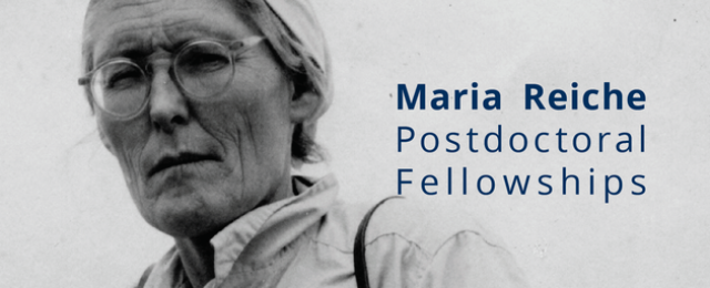 Portrait von Maria Reiche in schwarz-weiß, daneben Schriftzug mit 'Maria Reiche Postdoctoral Felloships'.