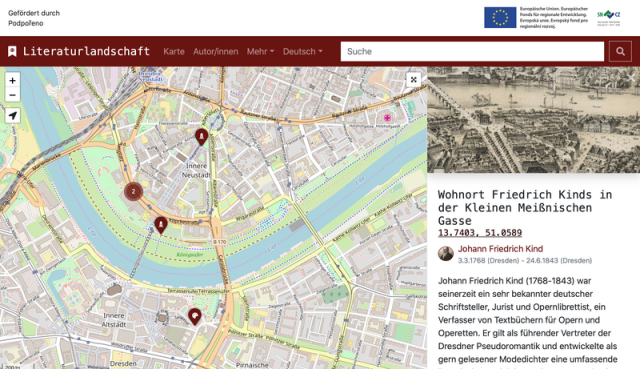  Screenshot der Browser-Anwendung. Ein Ausschnitt von Dresden Kartenansicht. Rechts stehen Informationen zu einem der Standorte.