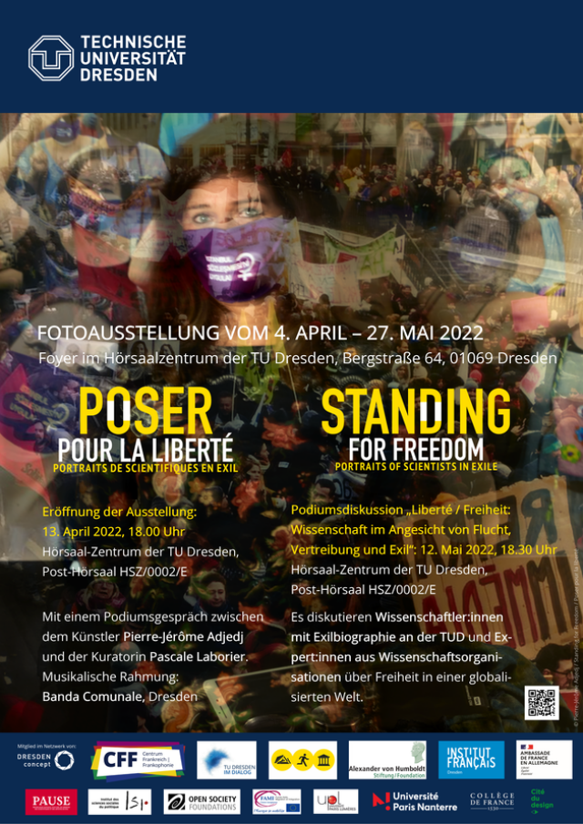 Plakat, Hintergrund zeigt verschiedene sich überlagernde Fotos von Personen mit Masken bei Protesten. Vordergrund Schrift mit Infos zur Ausstellung.