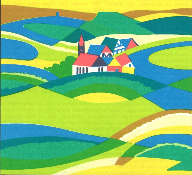 Malerei einer ungleichförmigen Landschaft mit Naturfarben von Flüssen, Wiesen und Bergen. Mittig oben befindet sich ein gemaltes Dorf mit bunten Häusern.