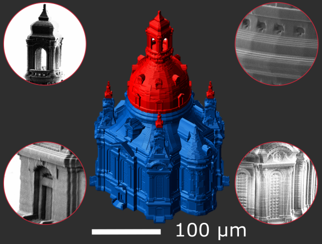 Modell der Frauenkirche Dresden mit mikroskopischen Abbildungen der gedruckten Details.