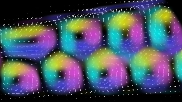 3D-Volumendarstellung des Magnetfelds von Skyrmionenschläuchen im Innern einer Eigengermanium-Probe.