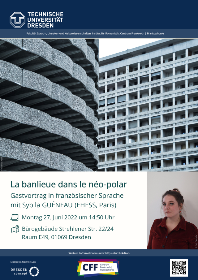 Plakat zur Veranstaltung. In der obigen Hälfte sind Blockgebäude von Paris zu sehen. Unten sind Daten zur Veranstaltung sowie ein Bild der Vortragenden.