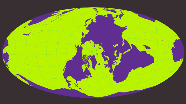 Eine perspektivisch verzerrte Weltkarte mit dem Nordpol als Zentrum.