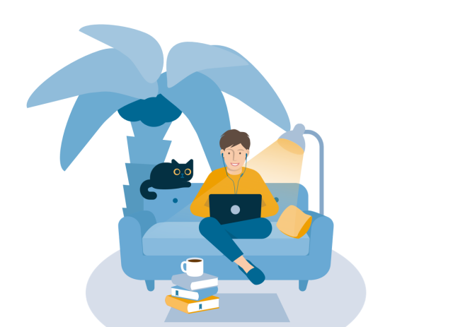 Stilisiertes Bild einer entspannten Arbeitsumgebung, auf dem eine Katze und ein am Laptop arbeitender Mensch zu sehen sind.