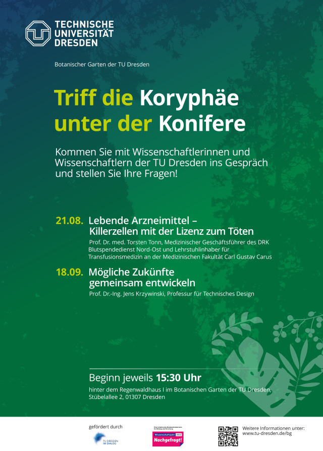 Poster Ankündigung Termine 21.8. und 18.9. der Serie 'Triff die Koryphäe unter der Konifere'/Dunkelgrüner Hintergrund mit angedeuteten Blättern.
