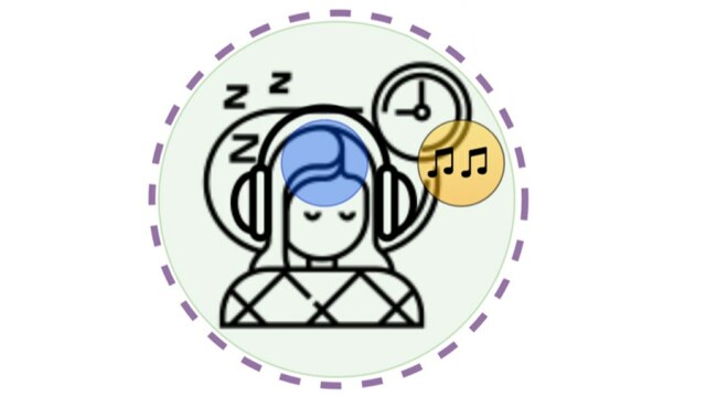 Stilisiertes Bild einer schlafenden Person, die Kopfhörer trägt. Daneben sind Noten und eine Uhr in Kreisen abgebildet. Ein blauer Kreis ist im oberen Drittel des Kopfes zentriert.