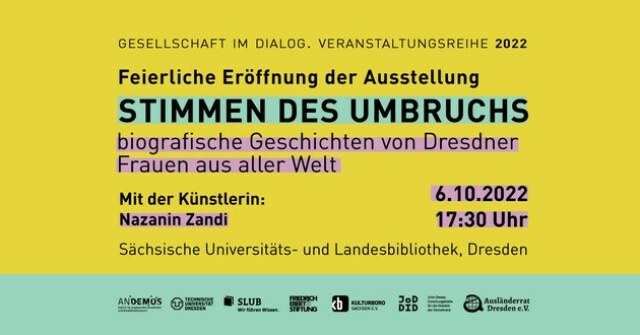 Banner zur Ankündigung der Ausstellungseröffnung 'Stimmen des Umbruchs', schwarze Schrift auf gelben Grund mit blass türkisen und altrosa Highlights. 