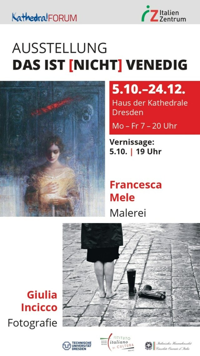 Veranstaltungsplakat. Oben links ein Gemälde von Francesca Mele, unten rechts eine Fotografie von Giulia Incicco. Den Rest des Bildes füllen die Daten zur Veranstaltung.