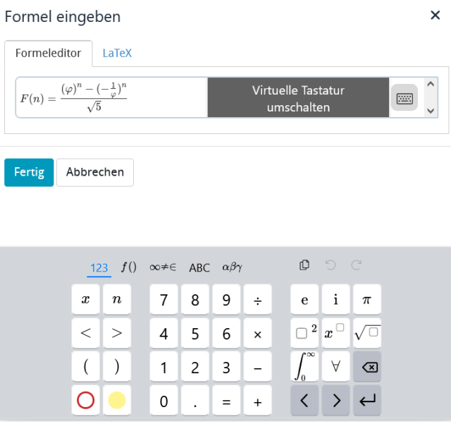 Screenshot: Formeleditor, virtuelle Tastatur ist aktiviert