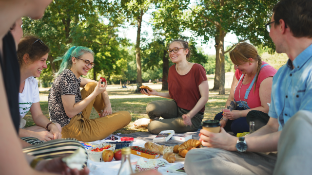 Studierende sitzen gemütlich bei einem Picknick im Park.