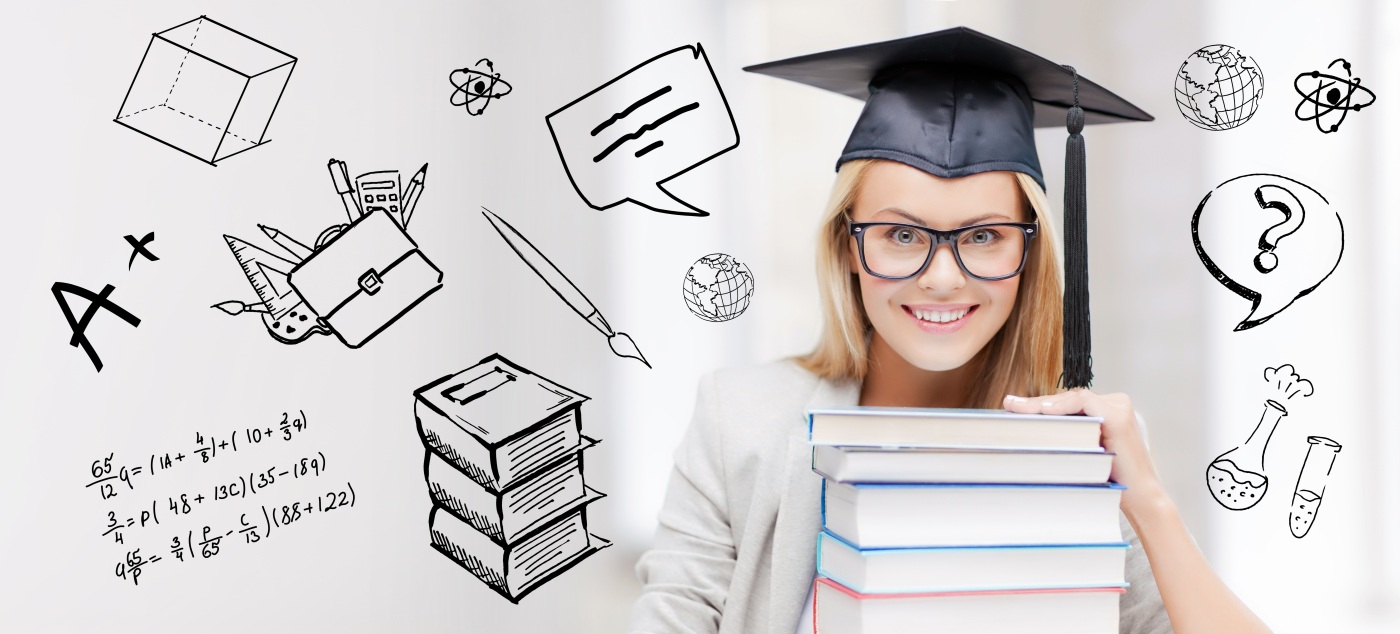 Young female scientist with glases, a doctoral cap and books, smiling