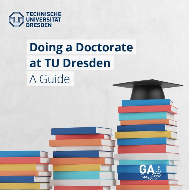 Brochure: Doing a Doctorate at TU Dresden | Hand throws a doctoral cap in the air