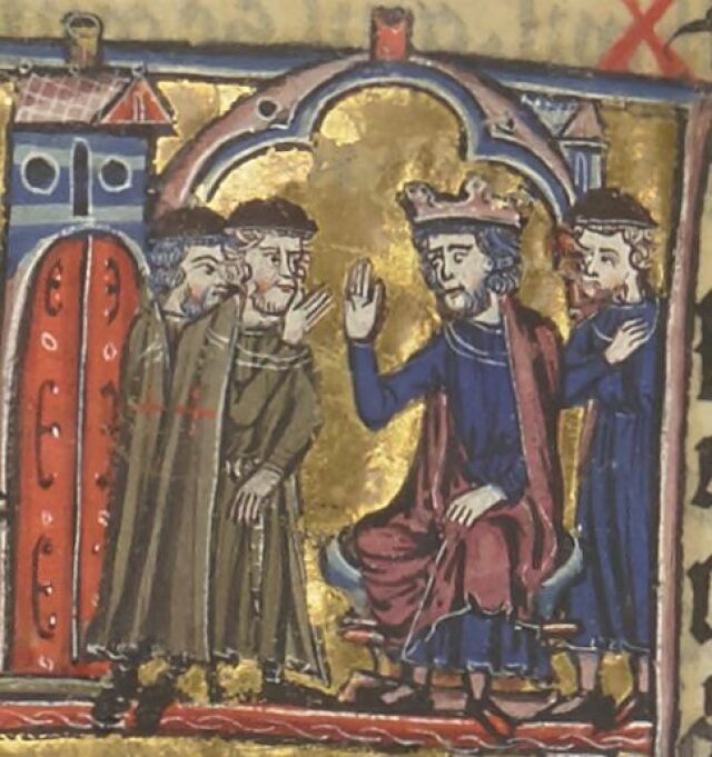 Illumination depicting two templars on the left and a king and another man on the right