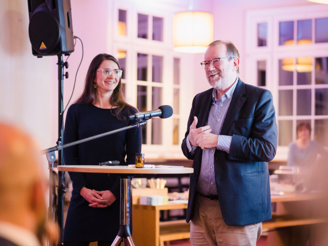 Prof. Josef Matzerath and Dr. Susanne Menzel at the lectern during the DDc Blue Sky Lounge at Ernemannturm