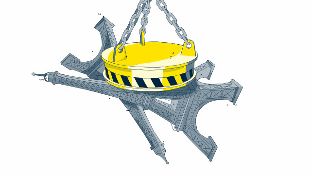 Illustration of a large round magnet hanging on a metal chain. It is so strong that it carries two Eifel Towers.