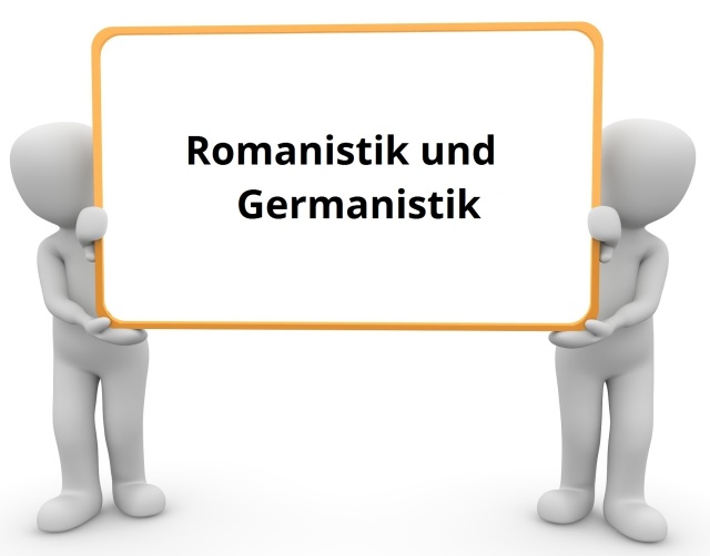 illustriertes Bild mit zwei Männchen, die ein großes Schild hochhalten, in dem ,,Romanistik und Germanistik'' steht.