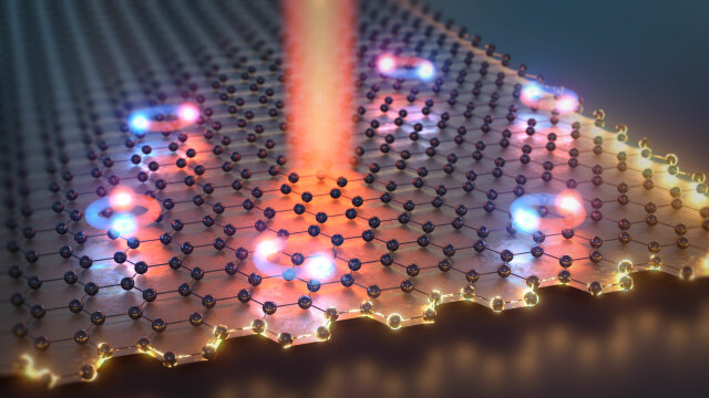 A light pulse on bismuthene generates exciton pairs that move through the two-dimensional ultrathin layer of material. Info. could be stored a. transported in quantum chips in this way, with each pair of excitons constituting a qubit. 