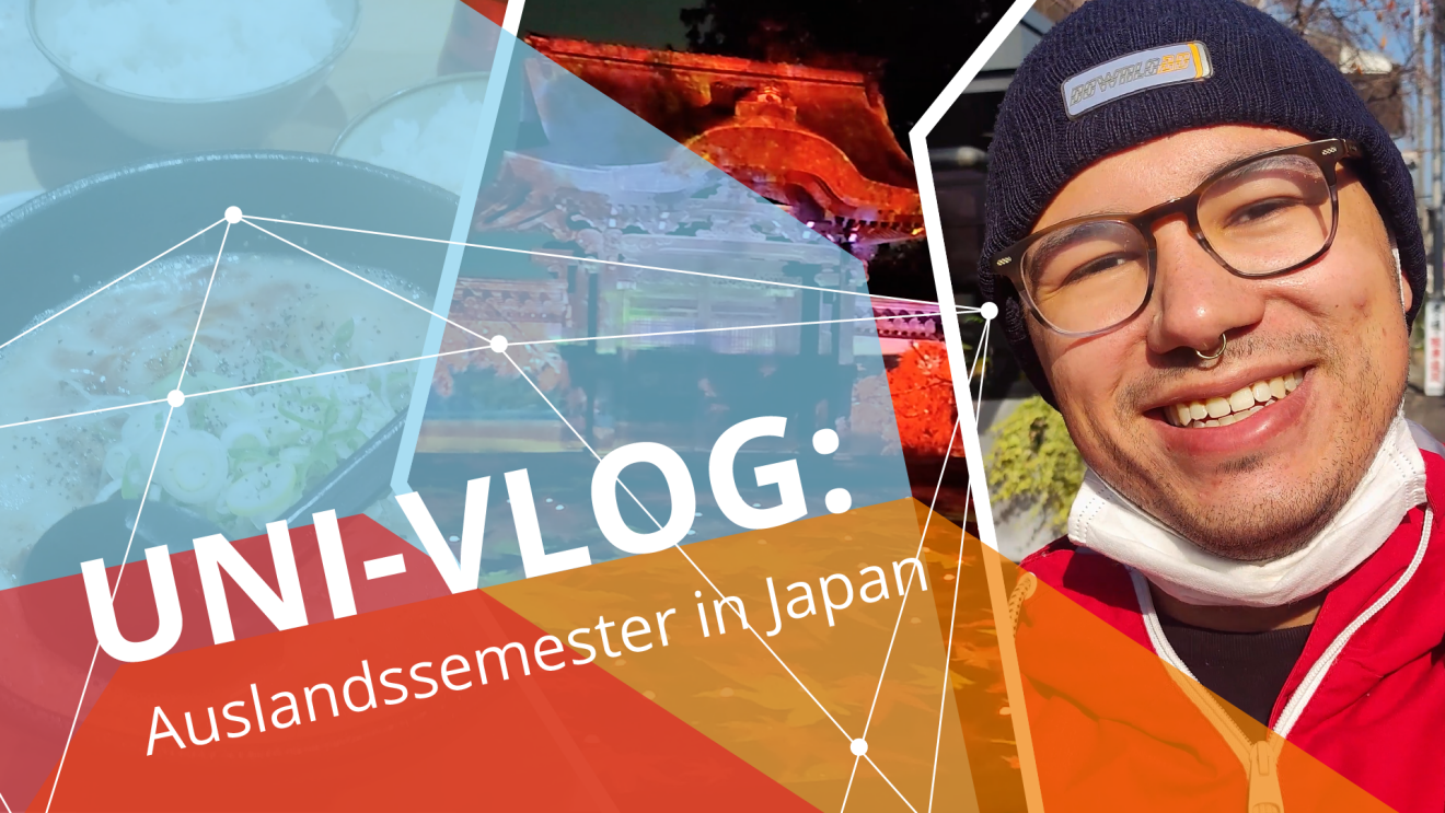 Thumbnail des Vlogs. Jakob lächelt fröhlich in die Kamera. Darüber farbige Achtecke und Text: 'UNI-VLOG: Auslandssemester in Japan'