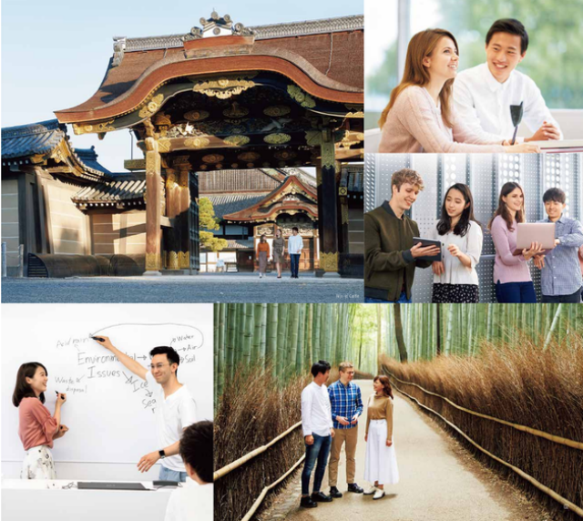 Collage aus Bildern aus Japan. Ein Tempel; Menschen im Bambuswald; fröhliche junge Menschen in drei Studiumssituationen. 