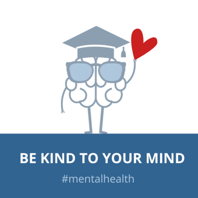 Text: Be Kind to your mind, mental health Icon: Brain with a doctoral hat, holding a heart