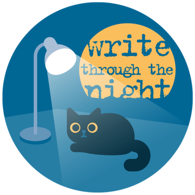 Stilisiertes Veranstaltungsplakat. Auf einem blauen Kreis ist eine liegende Katze, die von einer Schreibtischlampe angeleuchtet wird. Oben rechts im Kreis steht auf orangefarbenem Hintergrund 'write through the night'.
