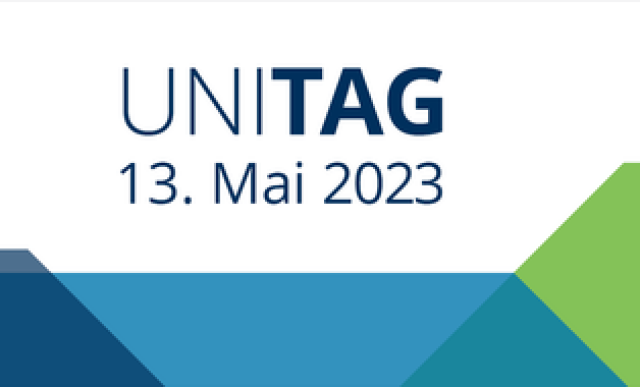 Veranstaltungsplakat mit dem Schriftzug 'UniTag 13. Mai 2023'.
