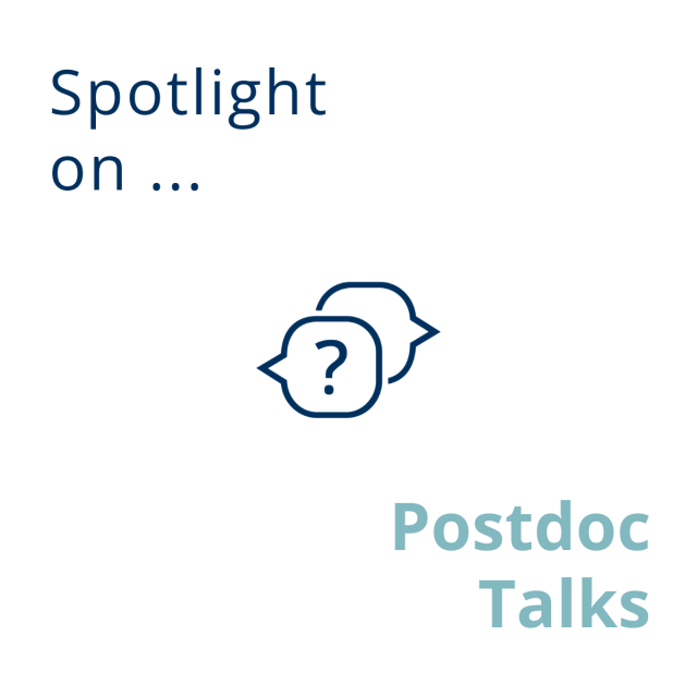 Icon: Zwei blaue Sprechblasen, Text: Spotlight on: Postdoc Talks