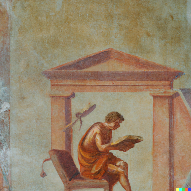 Ein KI-generiertes Bild, das altertümlich einen Philosophen zeigt, der auf einem Stuhl sitzend ein Buch liest. Hiinter ihm befindet sich ein antiker Torbogen.