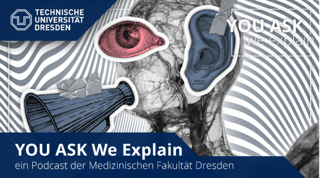 Graphic shows the model of a head and a part of the human torso, greyscale. The megaphone, eye, ear and heart are superimposed as graphic elements. Top left: TUD logo on blue background. Below, white lettering 'You Ask We Explain'.