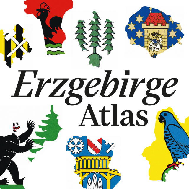 In the centre of the graphic, 'Erzgebirge Atlas' is written in large black letters. Above and below this, eight coloured drawings are arranged on the white background, e.g. a blue parrot, green fir trees and an upright bear. 