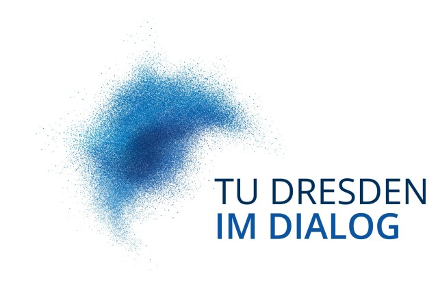 Die Grafik zeigt eine blaue Wolke mit unterschiedlichen Blauschattierungen. Rechts neben der Wolke steht „TU Dresden im Dialog“