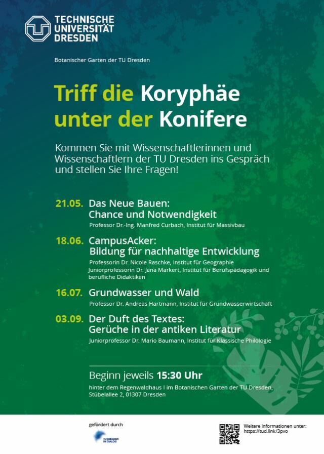 Das Veranstaltungsposter kündigt die diesjährigen Termine der Reihe „Triff die Koryphäe unter der Konifere“ an. Das sind 21.5., 18.6., 16.7. und 3.9., jeweils 15:30 Uhr. 