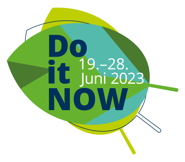 Logo Do it NOW - multicolored green leaves lie on top of each other. Lettering Do it NOW. Date: 19-28 June 2023
