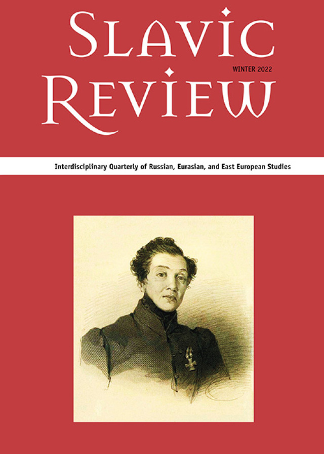 Cover der Slavic Review Winter 2022. Roter Hintergrund mit einer Porträtzeichnung der Autorin Nadeschda Durowa in der Mitte. 