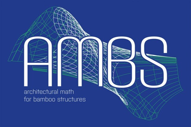 Logo der Sommerschule AMBS: Architectural Math for Bamboo Structures. Weiße Schrift auf blauem Hintergrund. Außerdem ist eine grafische Darstellung einer Dini-Fläche gezeigt. 