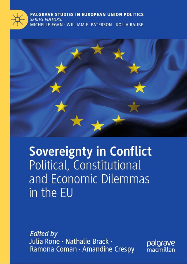 Buchcover: Sovereignty in Conflict, gehalten in blau und gelb mit einem Foto der Europäischen Flagge.  