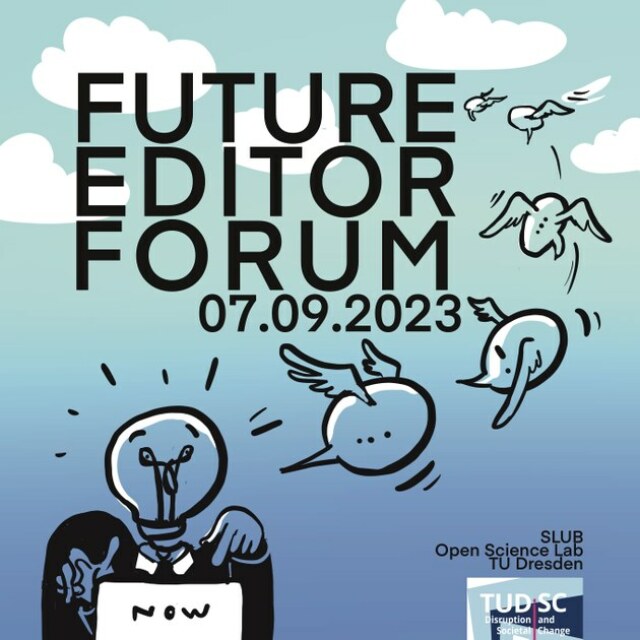 Grafik zum Future Editor Forum in blau-grün mit Zeichnungen. 