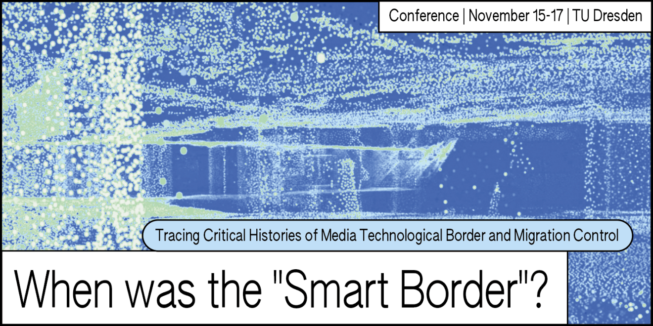 Abstrakter Hintergrund in blaugrün mit Titel der Konferenz