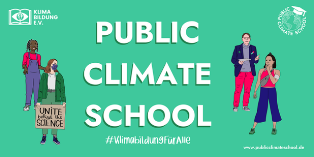  Illustration von 4 Menschen auf grünem Hintergrund, Text: 'Public Climate School, #Klimabildungfüralle'