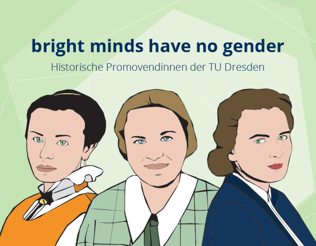 Calendar title page, designed picture, green background, three women are depicted. Title 'bright minds have no gender'.