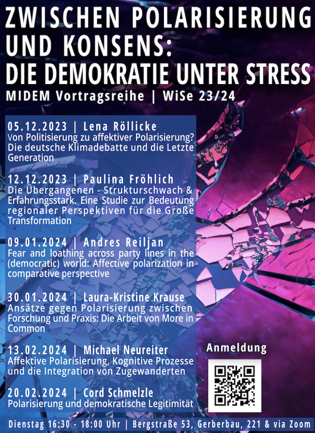 The German poster of the event series 'Between polarization and consensus: Democracy under pressure'.