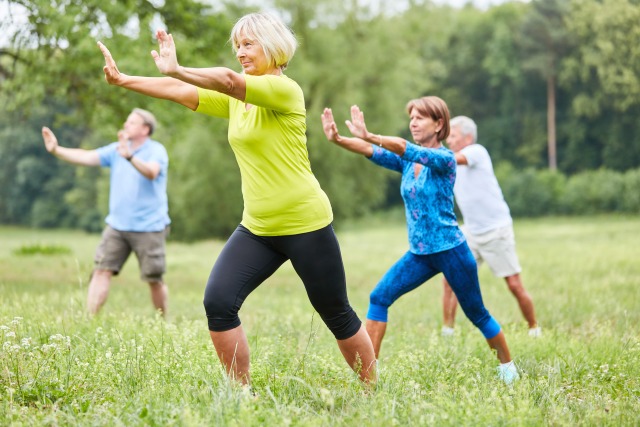 The photo shows a group of 4 people doing sport together on a meadow. The perspective of the camera is frontal.