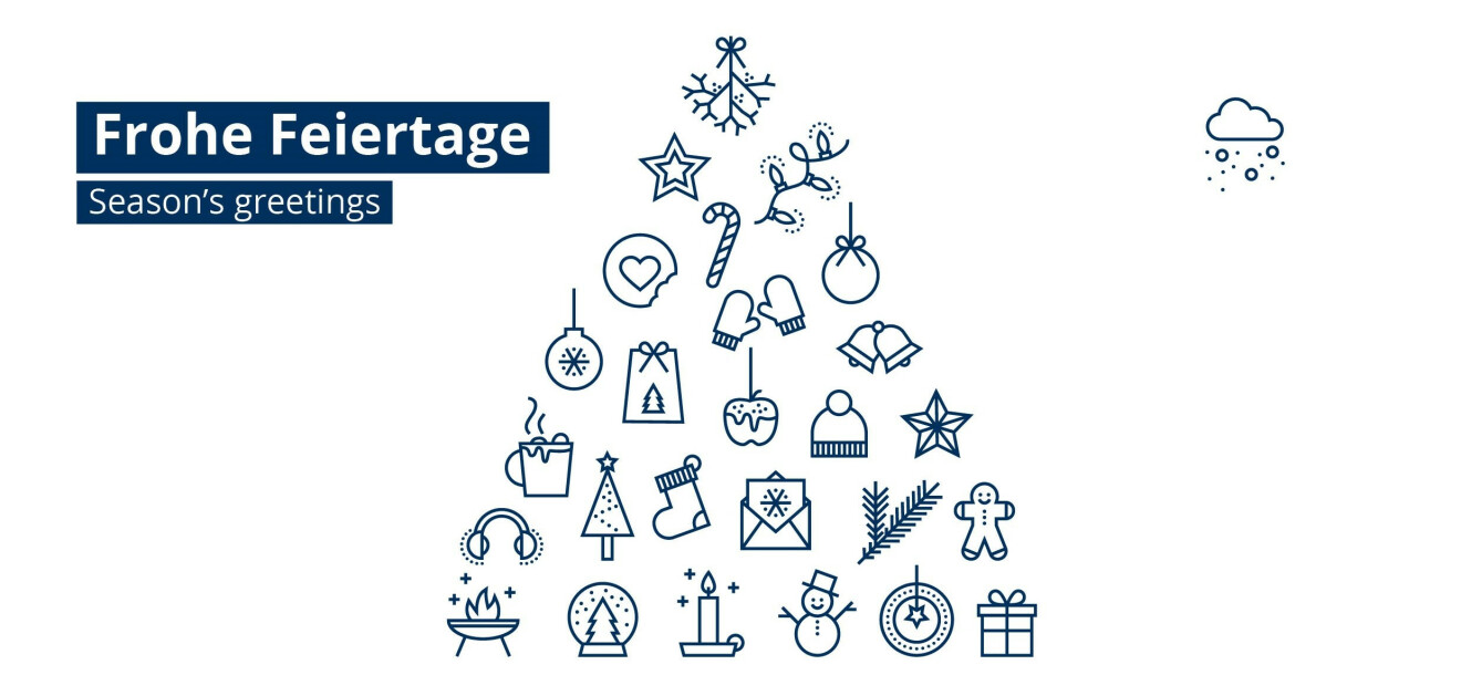 Text: Frohe Feiertage / Seasons Greetings; Image: Blue Christmas icons in the shape of a Christmas tree on a white background