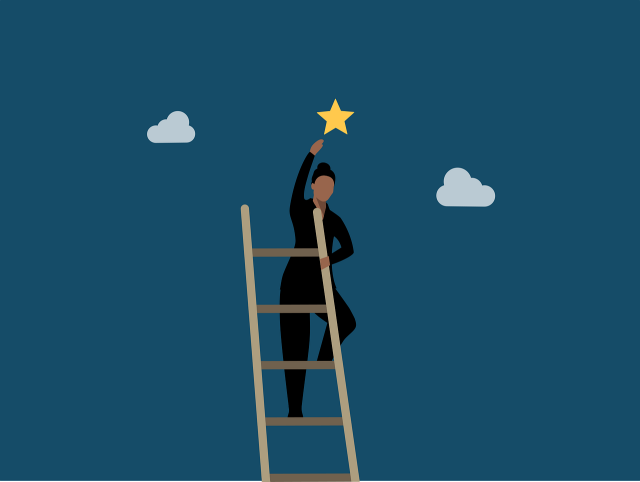 Schematisch dargestellte weiblich gelesene Person steht am Ende einer Leiter und greift nach einem Stern. Rechts und links davon zwei kleine Wolken. Türkiser Hintergrund.