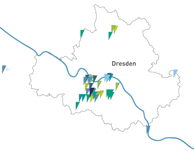 City map of Dresden with markers of the DRESDEN-concept partner institutions