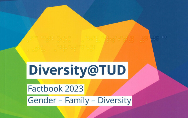 Bild zeigt bunte Blütenblätter auf blauem Untergrund, darauf steht Diversity@TUD Factbook 2023 Gender - Family - Diversity. @TUD
