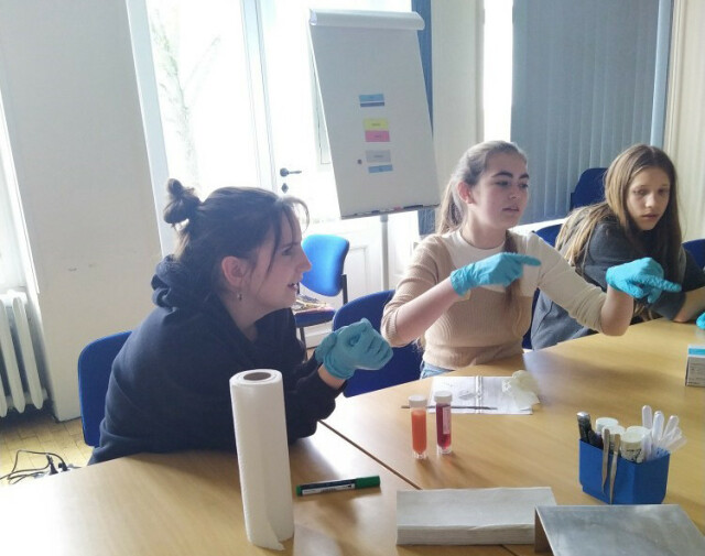 The photo shows three schoolgirls sitting at a table. They are wearing blue disposable gloves. On the table are test tubes (some with red or orange liquid), paper and a blue container with tweezers hanging from the edge.